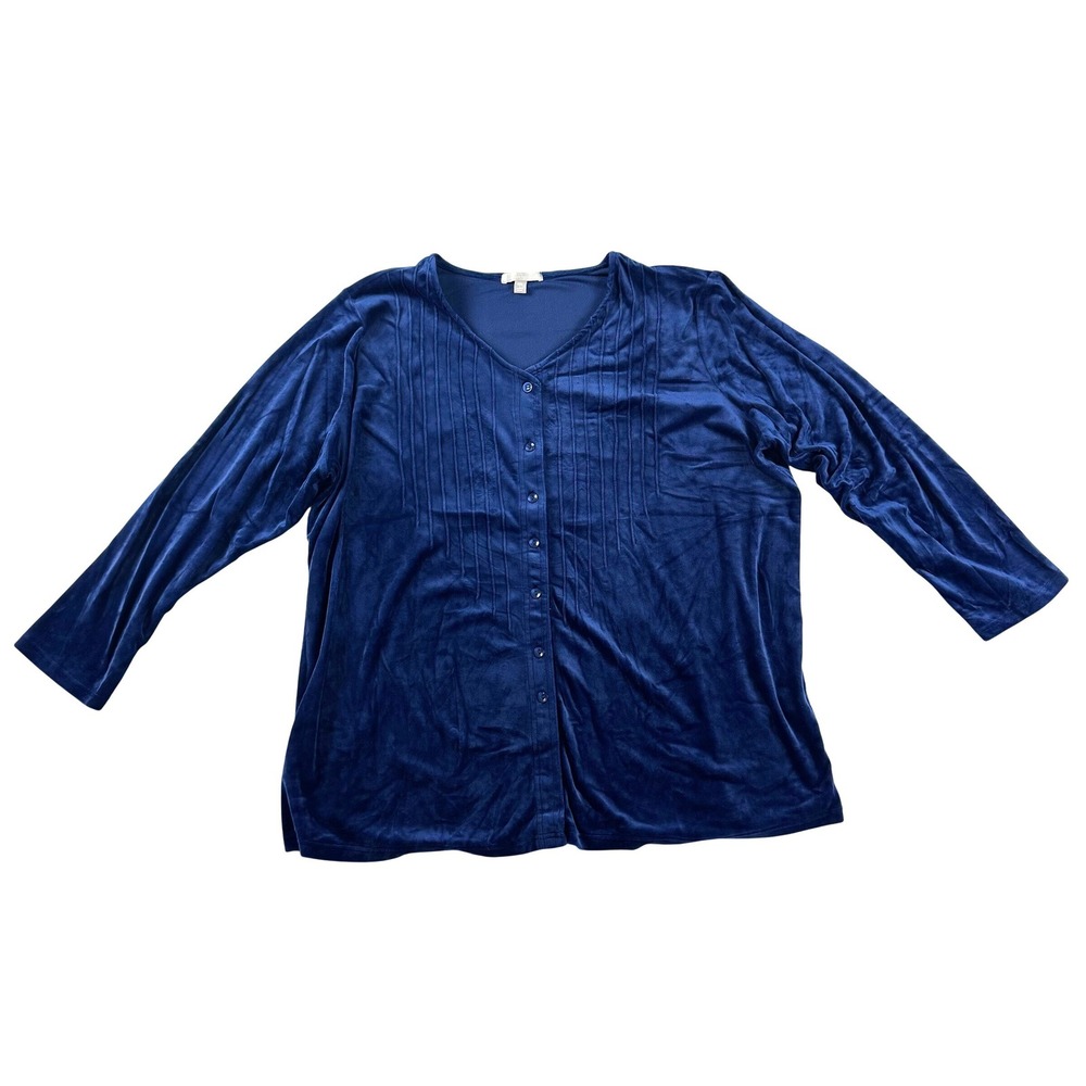 Woman Within Blue Velvet Pintuck Button Front Top Plus Size 18/20 L 30-2429-6